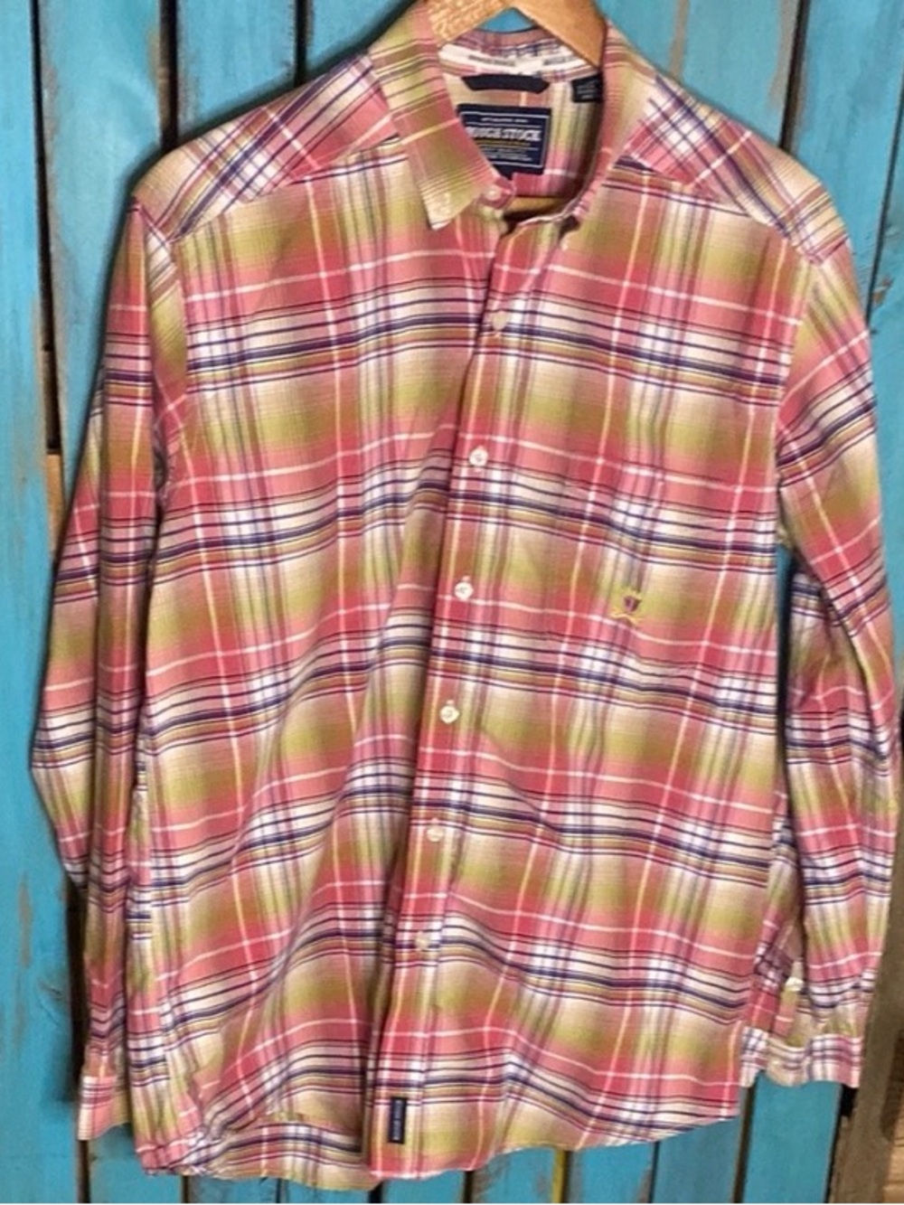 Rough Stock Plaid Shirt in Pink and Green button down shirt size large